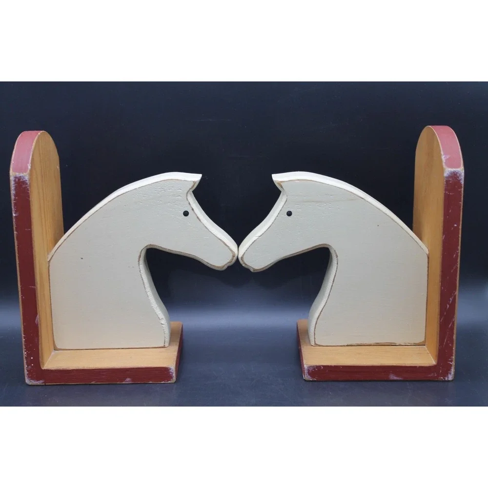 Horse Head Wooden Bookends Distressed Farmhouse Equestrian Decor Set of 2